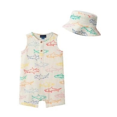 Andy & Evan Infant Boys Multi Shark Sleeveless Henley Baby Romper & Hat Set