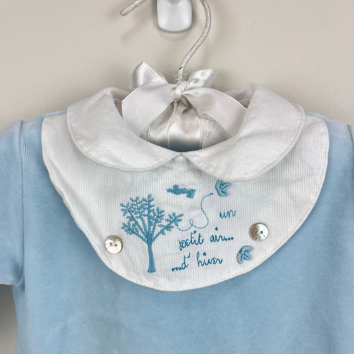 Bout'Chou Blue Velour Embroidered Bib Footie Romper 1 M