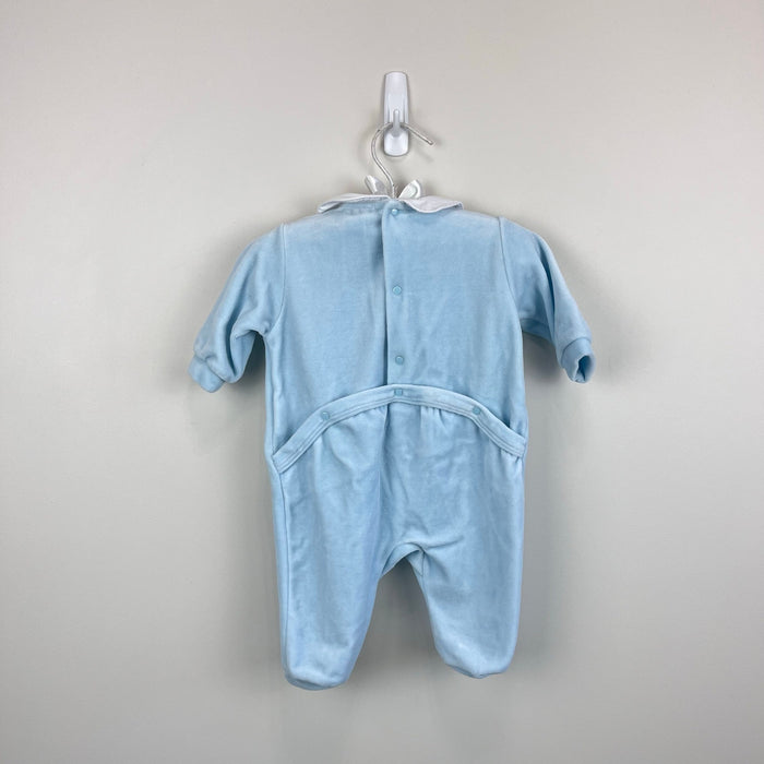 Bout'Chou Blue Velour Embroidered Bib Footie Romper 1 M
