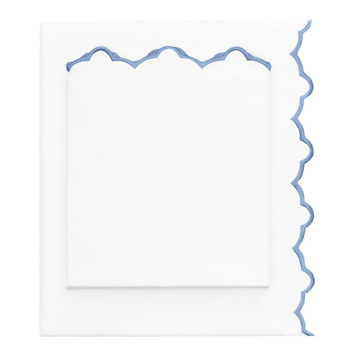 Coastal Blue Scalloped Embroidered Sheet Set (Fitted, Flat, & Pillow Cases)