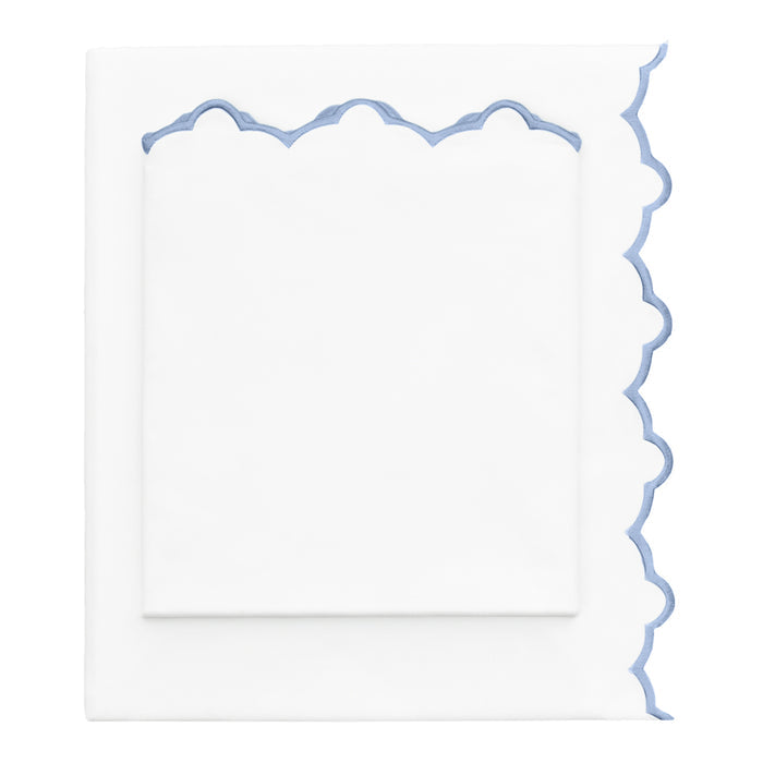 Cornflower Blue Scalloped Embroidered Sheet Set (Fitted, Flat, & Pillow Cases)