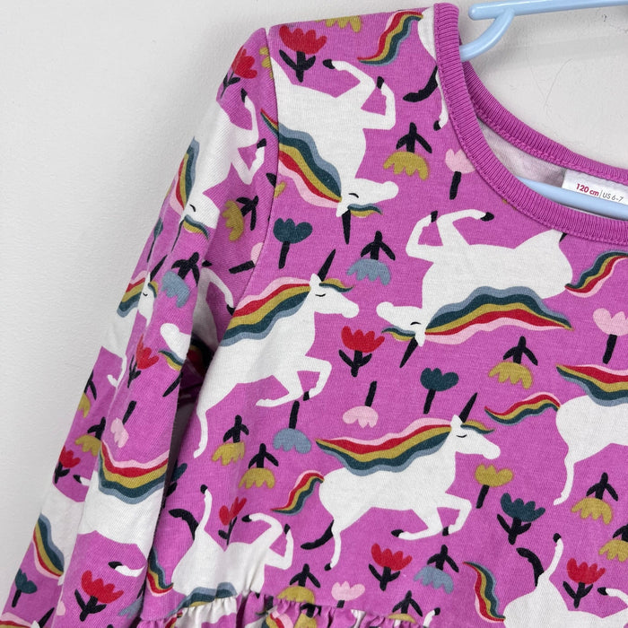 Hanna Andersson Floral Pink Unicorn Long Sleeve Dress 120 cm 6-7