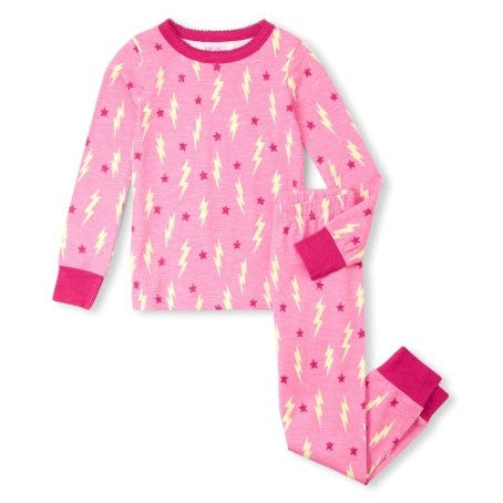Hatley Lightening Bolts & Stars Stretch Cotton Pajama Set | Fuchsia Pink