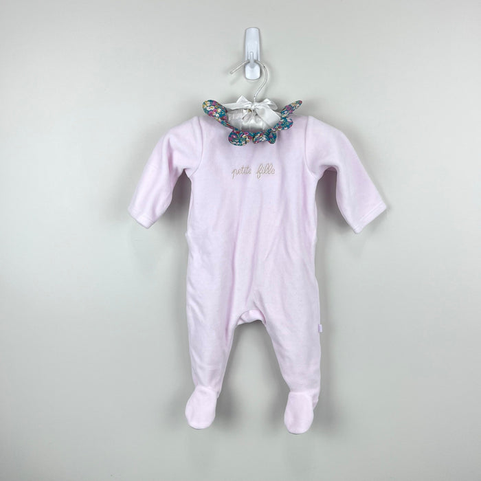 Jacadi Paris Petite Fille Pink Velour Floral Petal Collar Footie Coverall 3 Months