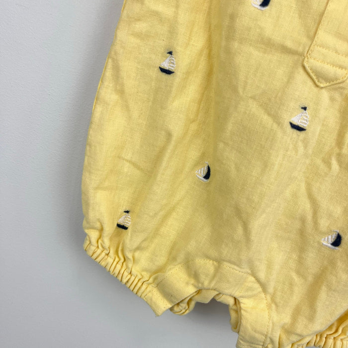 Janie and Jack Embroidered Sailboat Linen-Cotton Shortall Romper 3-6 Months