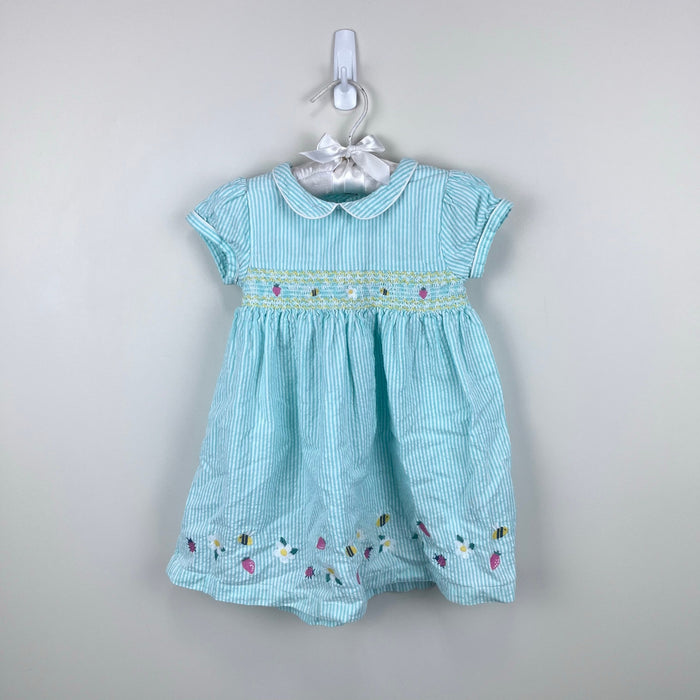 JoJo Maman Bebe Embroidered Aqua Smocked Seersucker Dress 6-12 Months