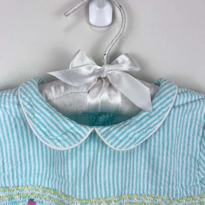 JoJo Maman Bebe Embroidered Aqua Smocked Seersucker Dress 6-12 Months