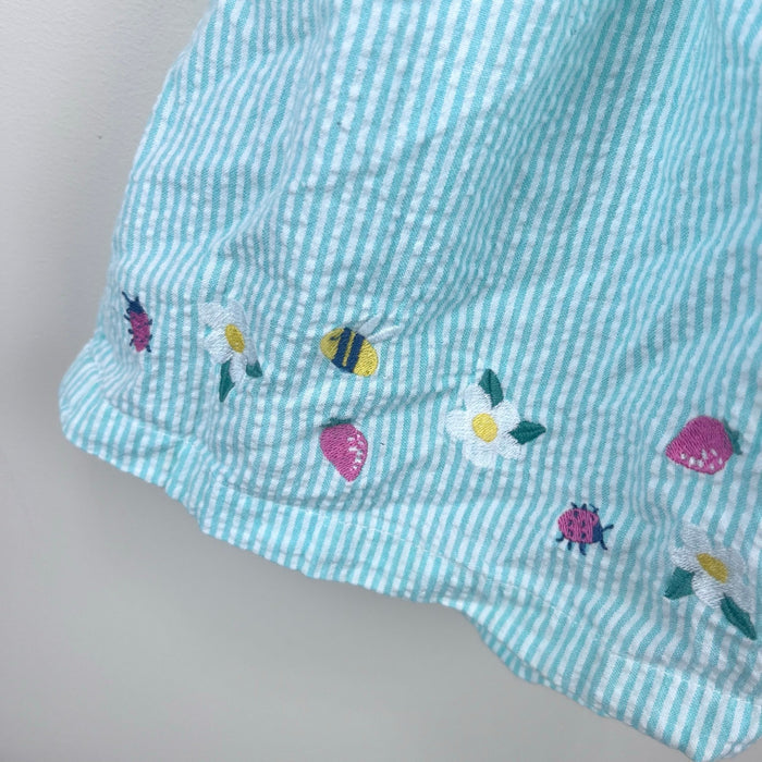 JoJo Maman Bebe Embroidered Aqua Smocked Seersucker Dress 6-12 Months