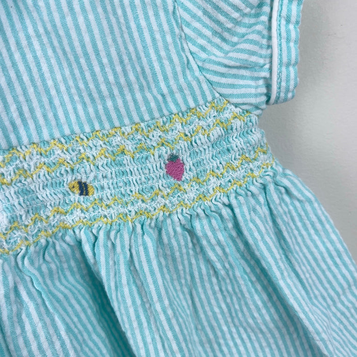 JoJo Maman Bebe Embroidered Aqua Smocked Seersucker Dress 6-12 Months