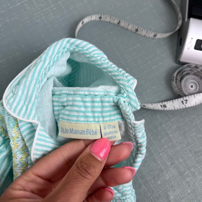 JoJo Maman Bebe Embroidered Aqua Smocked Seersucker Dress 6-12 Months