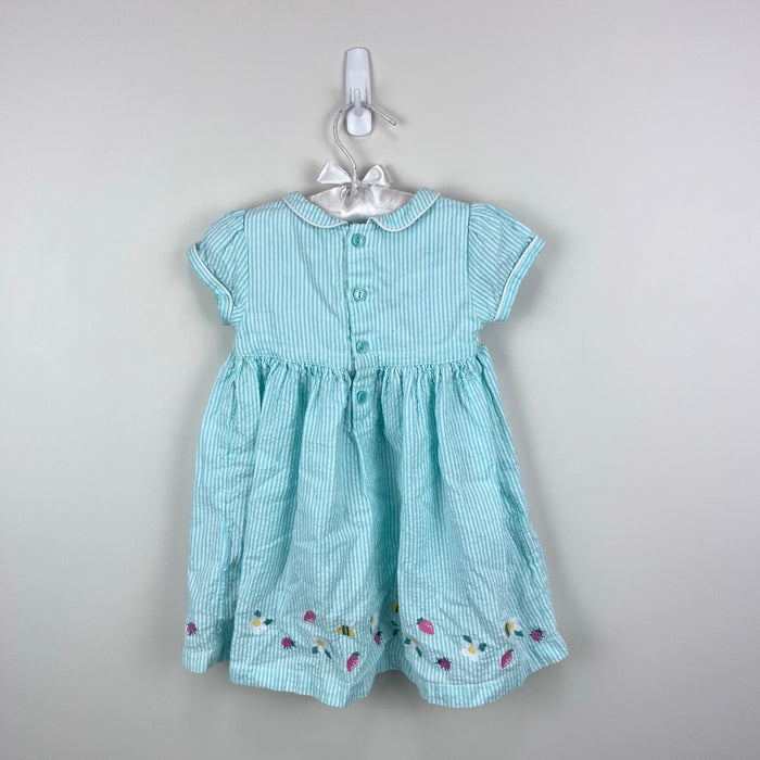 JoJo Maman Bebe Embroidered Aqua Smocked Seersucker Dress 6-12 Months