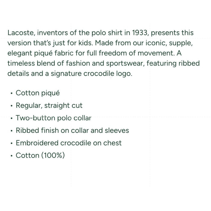 Lacoste Kids Cotton Pique Polo Shirt Gray 12 152 cm