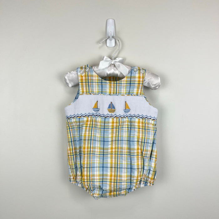 Le'ZaMe Smocked Plaid Sailboat Sunsuit Romper 6 Months