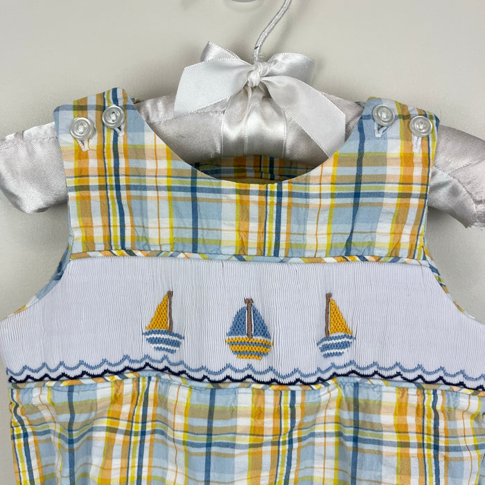 Le'ZaMe Smocked Plaid Sailboat Sunsuit Romper 6 Months