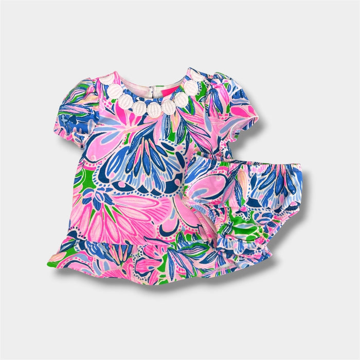 Lilly Pulitzer Girls Dominique Infant Shift Dress Gecko Green Tiger Sunrise 3-6 Months