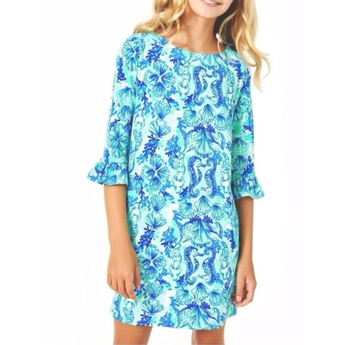 Lilly Pulitzer Girls Mini Sophie Ruffle Dress Sea Glass Aqua Seeing Double XS NWT