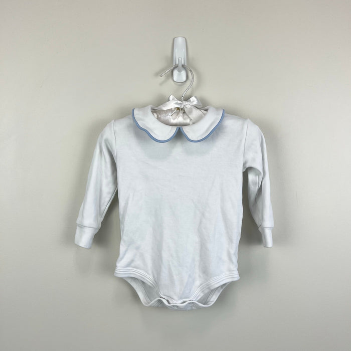 Little English Piped Peter Pan Onesie White Light Blue 6 Months