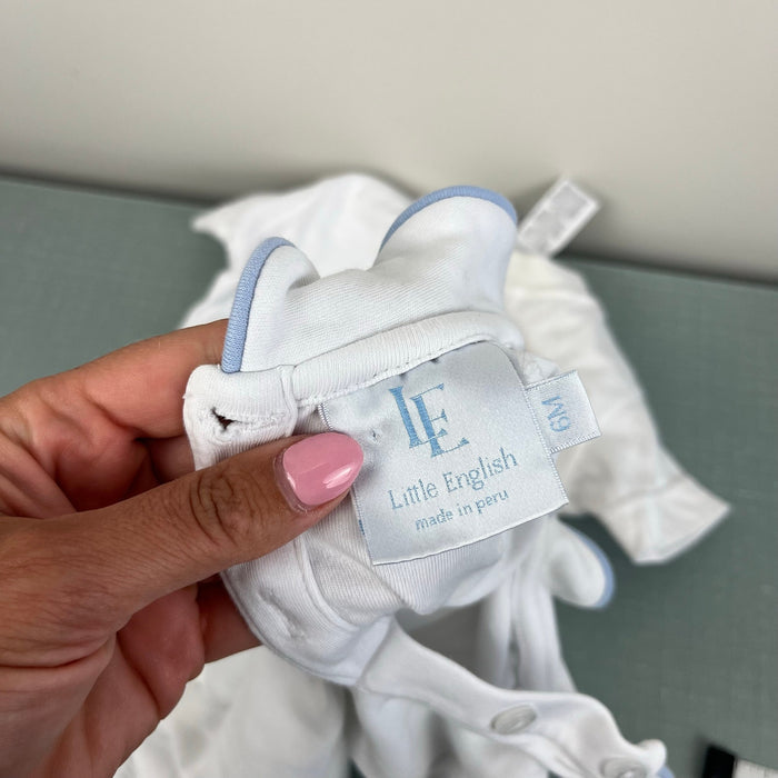 Little English Piped Peter Pan Onesie White Light Blue 6 Months