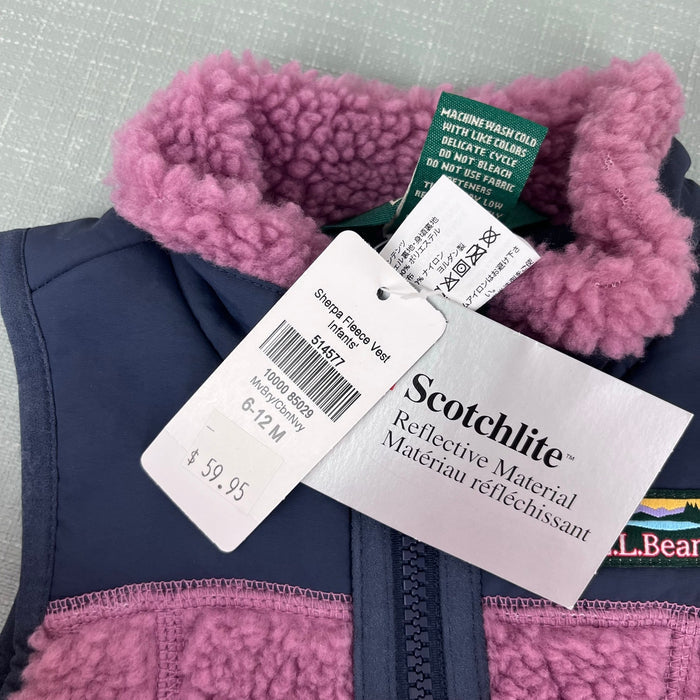L.L. Bean Infants' Sherpa Fleece Vest Mauve Berry Carbon Navy 6-12 Months NWT 59.95