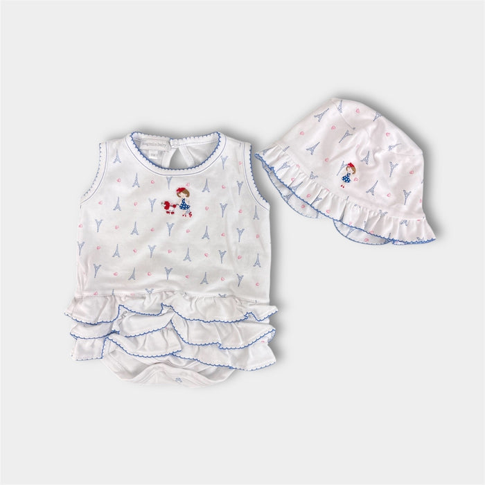 Magnolia Baby Ruffle Bubble Romper & Sun Hat Paris Print 6 Months