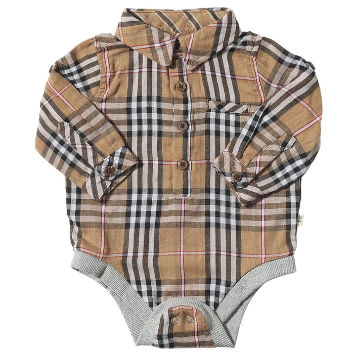 Me & Henry Jasper Woven Onesie | Brown/Black/Red Plaid