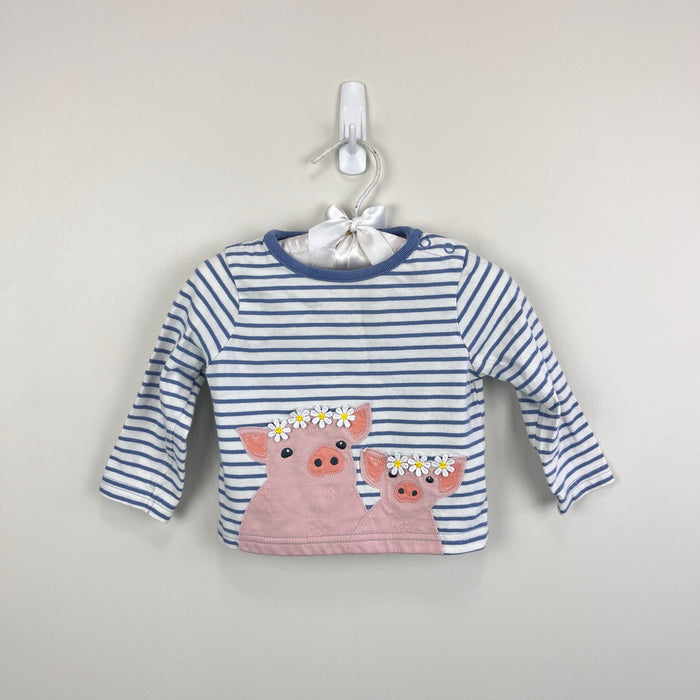 Mini Baby Boden Blue White Stripe Applique Pig Flower Crown T-Shirt 3-6 Months