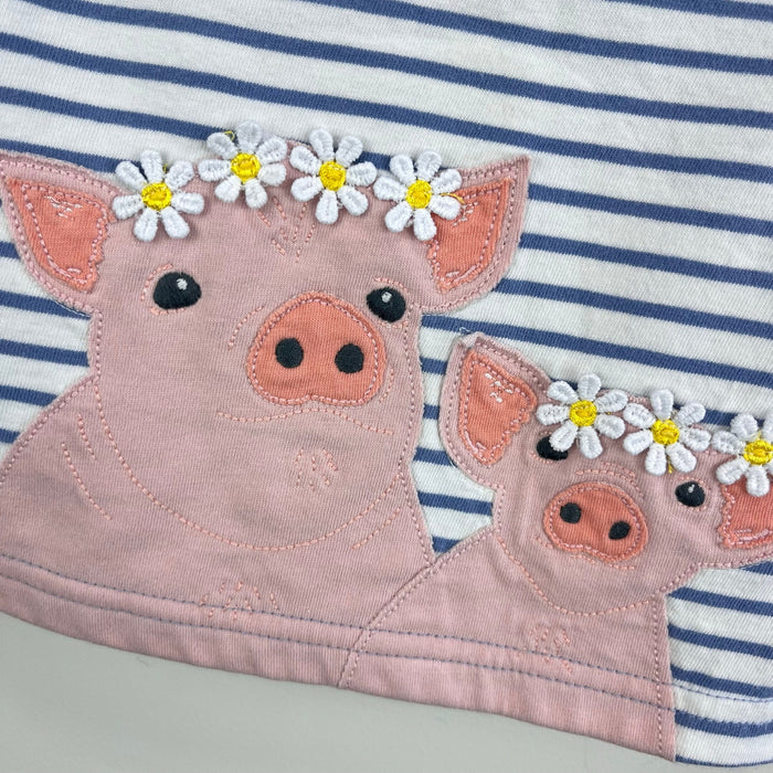 Mini Baby Boden Blue White Stripe Applique Pig Flower Crown T-Shirt 3-6 Months