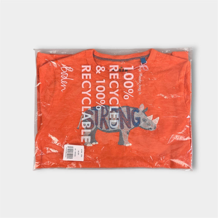Mini Boden Animal Printed Cotton T-Shirt Fire Opal Orange Rhino 8-9 NWT