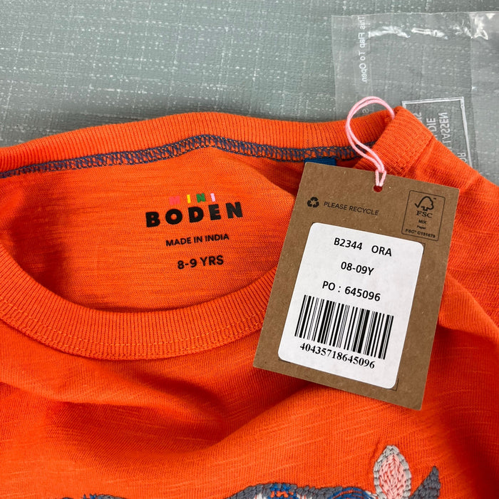 Mini Boden Animal Printed Cotton T-Shirt Fire Opal Orange Rhino 8-9 NWT