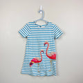 MIni Boden Applique Flamingo Jersey Dress Blue Ivory Stripe 3-4