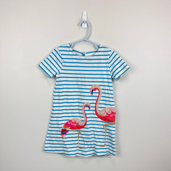 MIni Boden Applique Flamingo Jersey Dress Blue Ivory Stripe 3-4