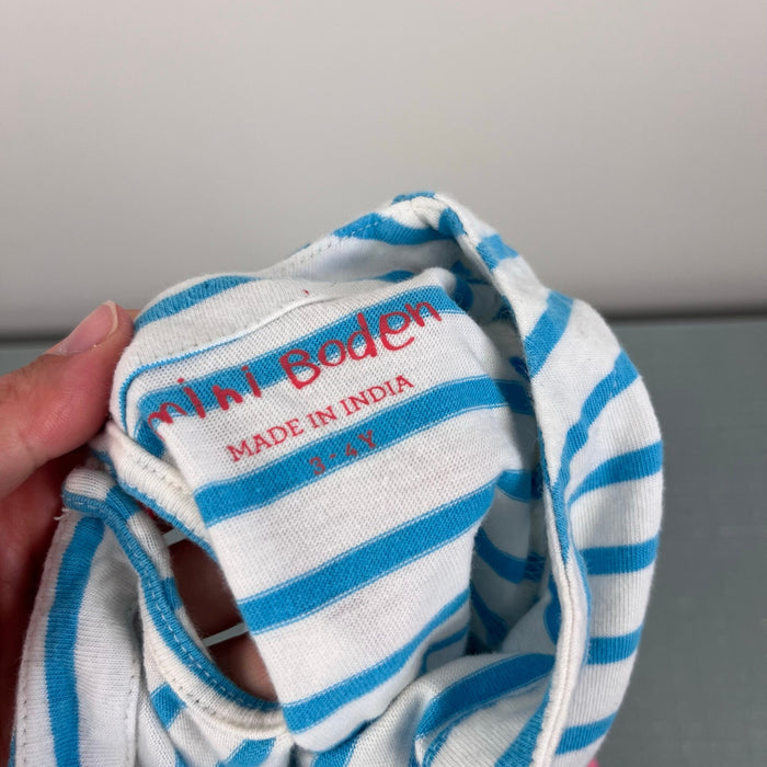 MIni Boden Applique Flamingo Jersey Dress Blue Ivory Stripe 3-4
