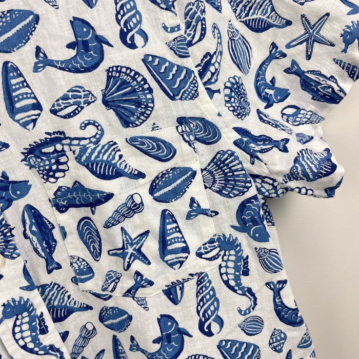 Mini Boden Cotton Linen Shirt Sapphire Blue Seashore Boys 13-14