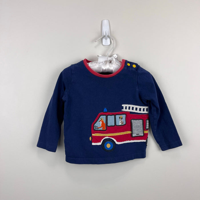 Mini Boden Fire Truck Applique T-Shirt Beacon Blue Fire Engine 6-12 Months
