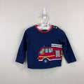 Mini Boden Fire Truck Applique T-Shirt Beacon Blue Fire Engine 6-12 Months