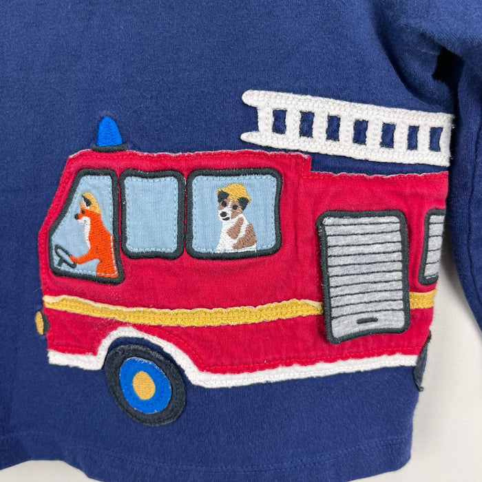 Mini Boden Fire Truck Applique T-Shirt Beacon Blue Fire Engine 6-12 Months