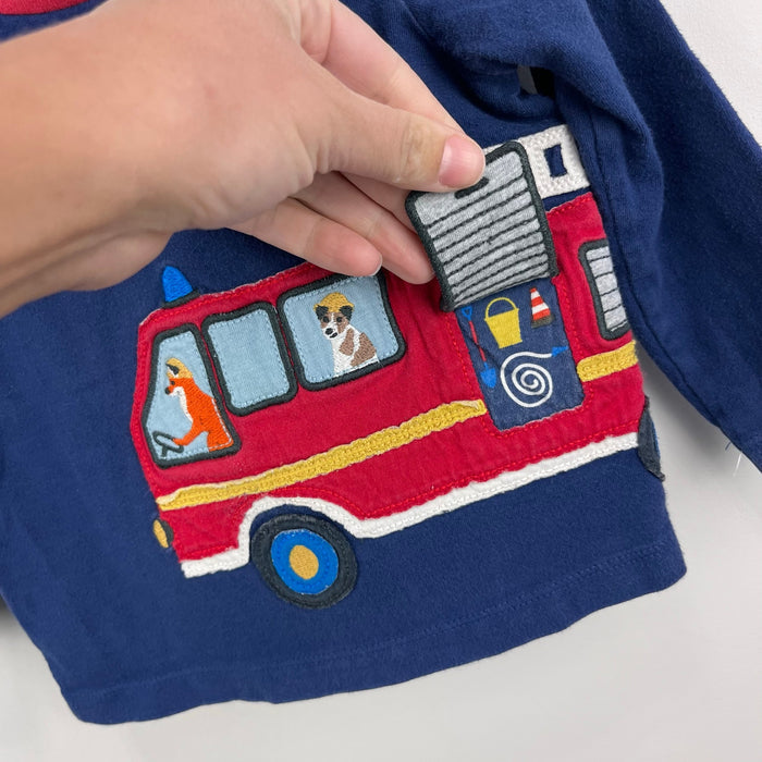 Mini Boden Fire Truck Applique T-Shirt Beacon Blue Fire Engine 6-12 Months