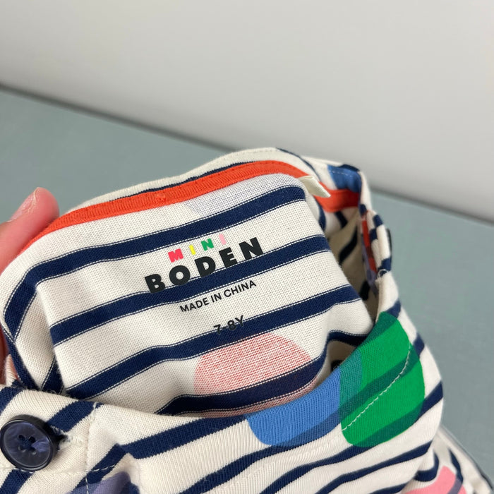 Mini Boden Fun Breton Dress Ivory Navy Stripe Rainbow Polka Dots 7-8 NWOT