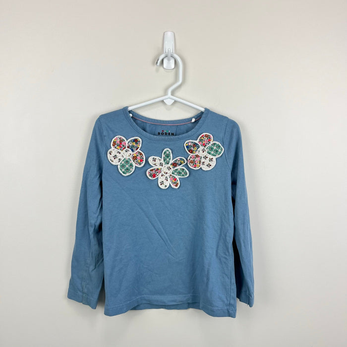 Mini Boden Long Sleeve Blue Patchwork Flower Applique Jersey T-Shirt 5-6