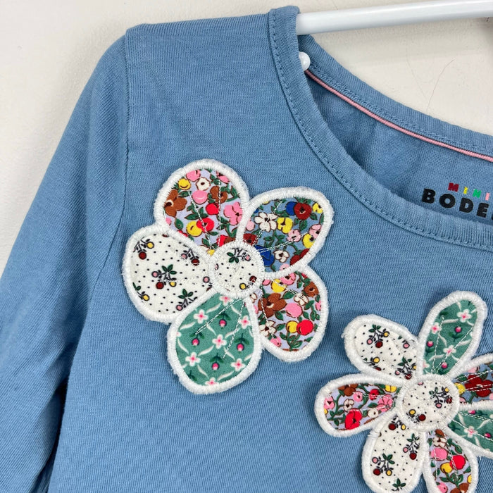 Mini Boden Long Sleeve Blue Patchwork Flower Applique Jersey T-Shirt 5-6