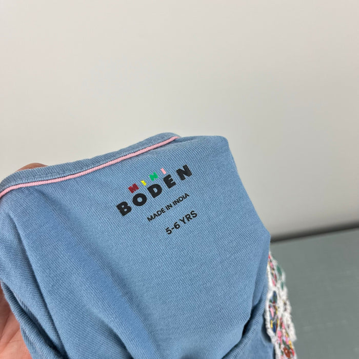 Mini Boden Long Sleeve Blue Patchwork Flower Applique Jersey T-Shirt 5-6