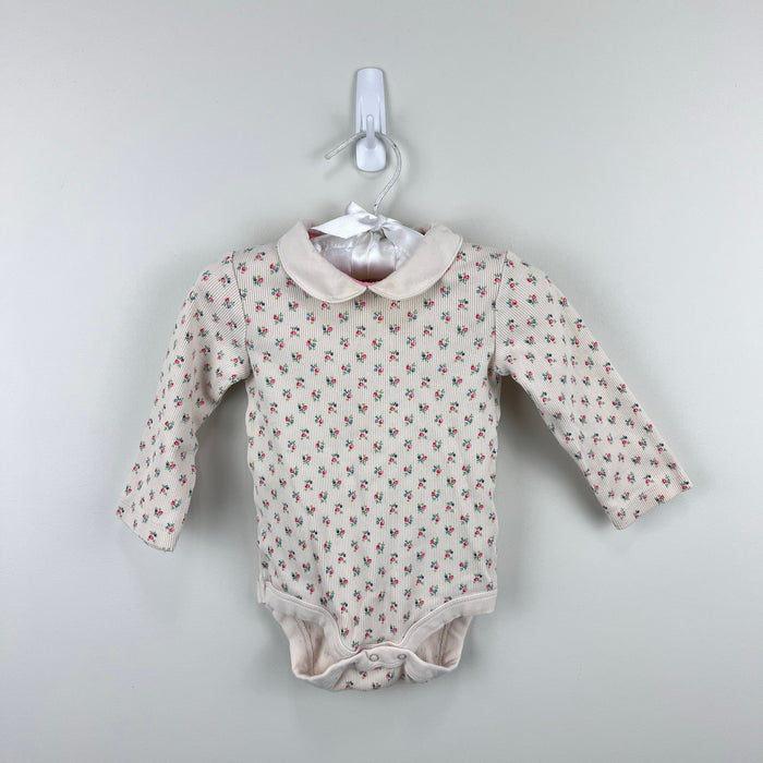 Mini Boden Long Sleeve Floral Peter Pan Collar Ribbed Bodysuit 3-6 Months