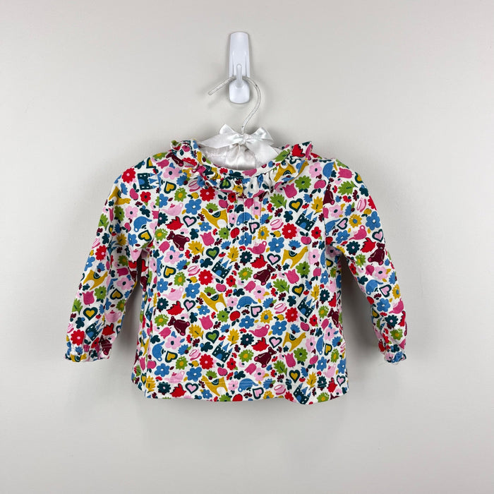 Mini Boden Long Sleeve Ruffle Blouse Top Floral Toy Print 3-6 Months