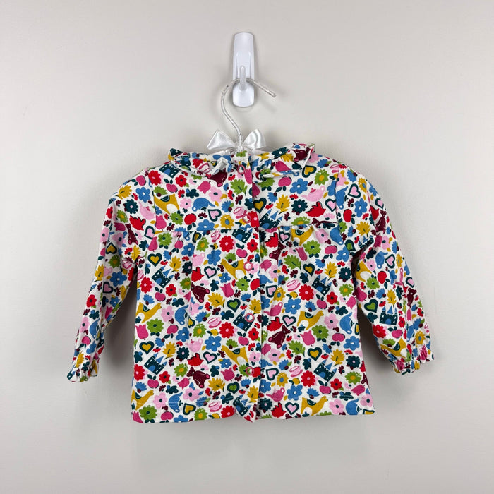 Mini Boden Long Sleeve Ruffle Blouse Top Floral Toy Print 3-6 Months