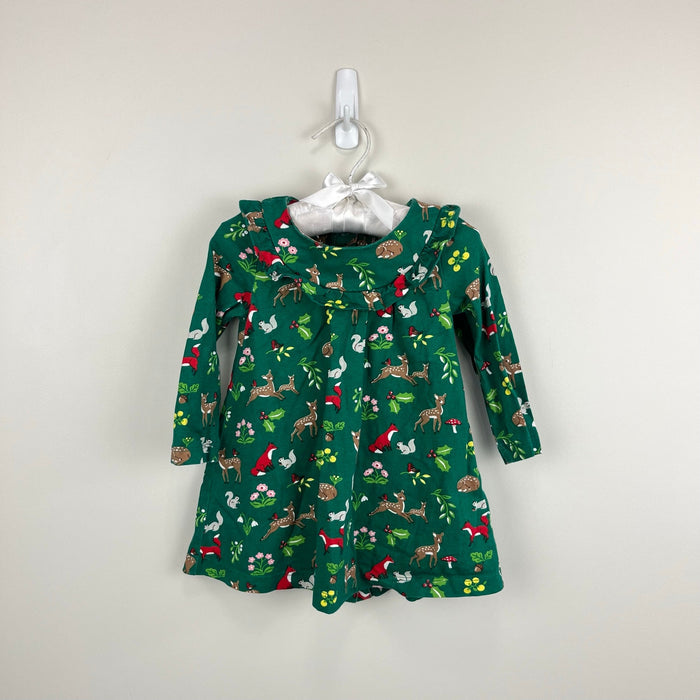 Mini Boden Shady Green Festive Woodland Ruffle Jersey Dress 6-9 Months