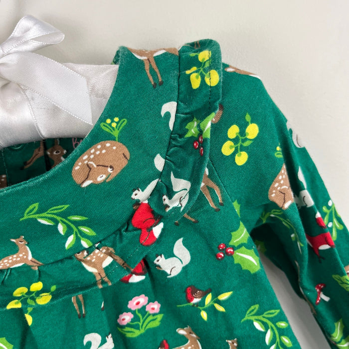 Mini Boden Shady Green Festive Woodland Ruffle Jersey Dress 6-9 Months