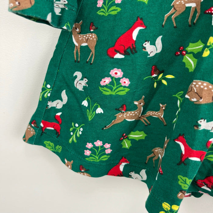 Mini Boden Shady Green Festive Woodland Ruffle Jersey Dress 6-9 Months
