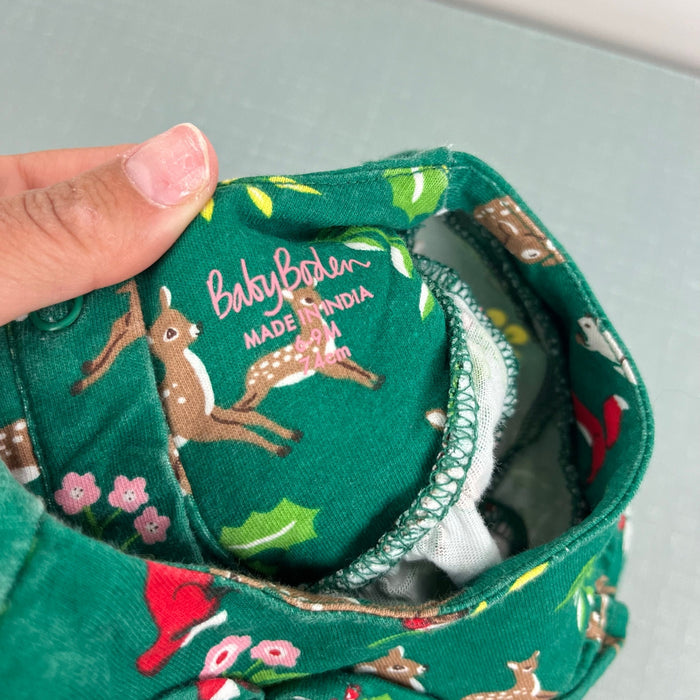 Mini Boden Shady Green Festive Woodland Ruffle Jersey Dress 6-9 Months