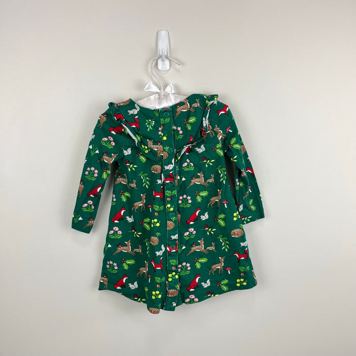 Mini Boden Shady Green Festive Woodland Ruffle Jersey Dress 6-9 Months
