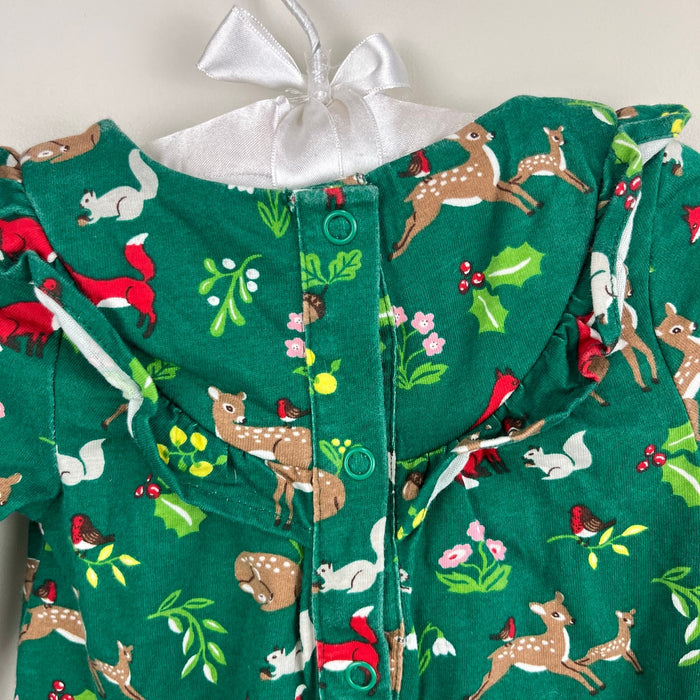 Mini Boden Shady Green Festive Woodland Ruffle Jersey Dress 6-9 Months